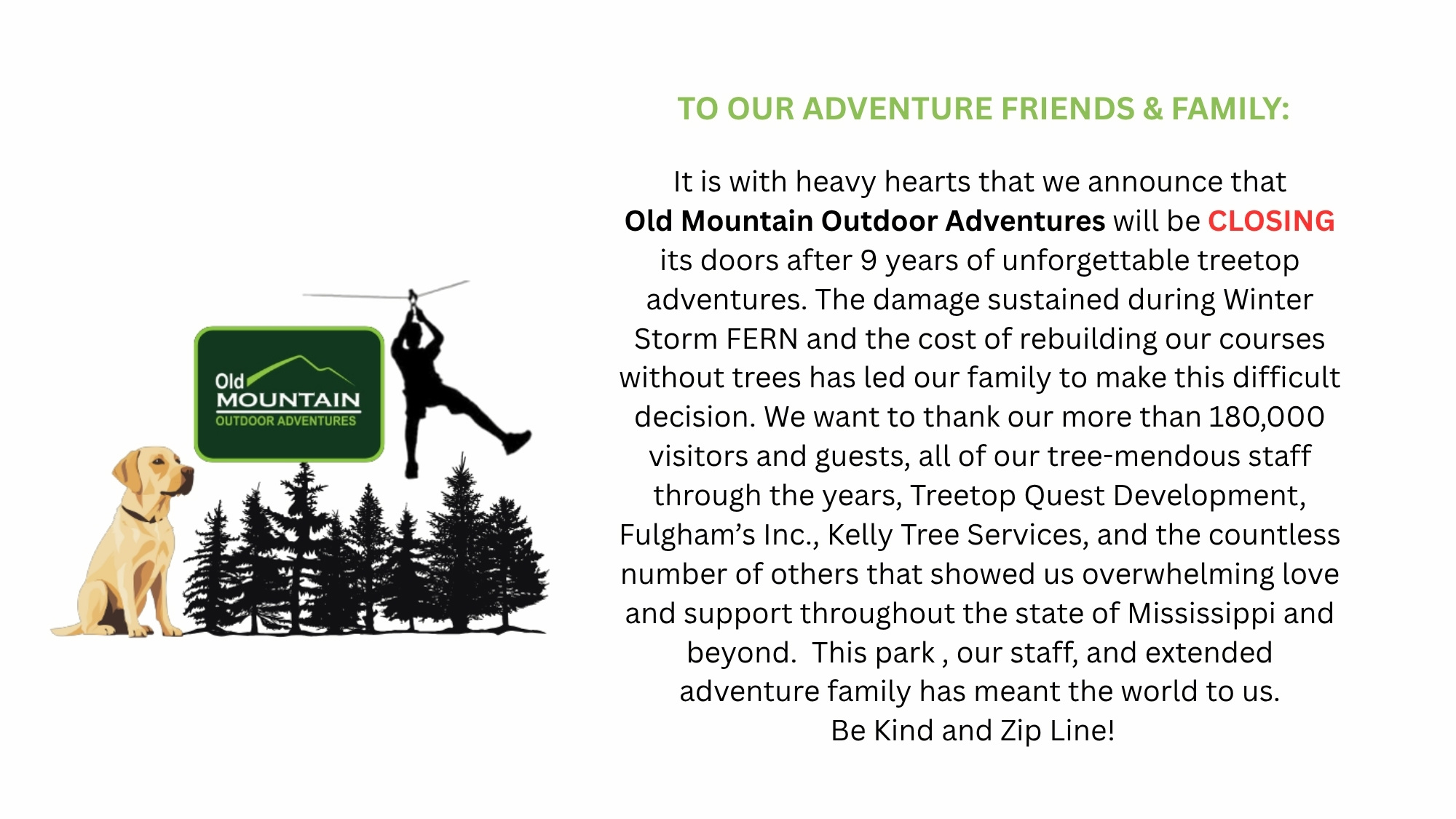  OMOA CLOSURE NOTICE DUE TO WINTER STORM FERN